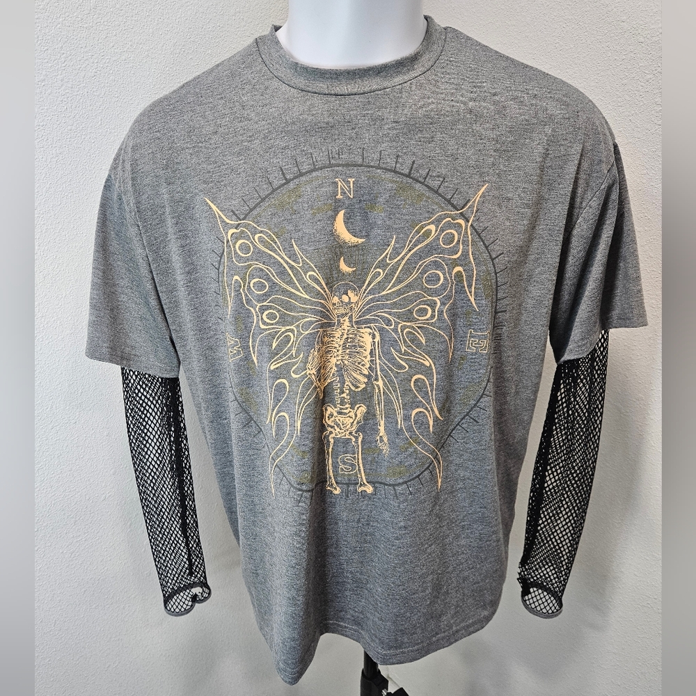 Romwe Gothic fairy graphic fish net longsleeves men's small